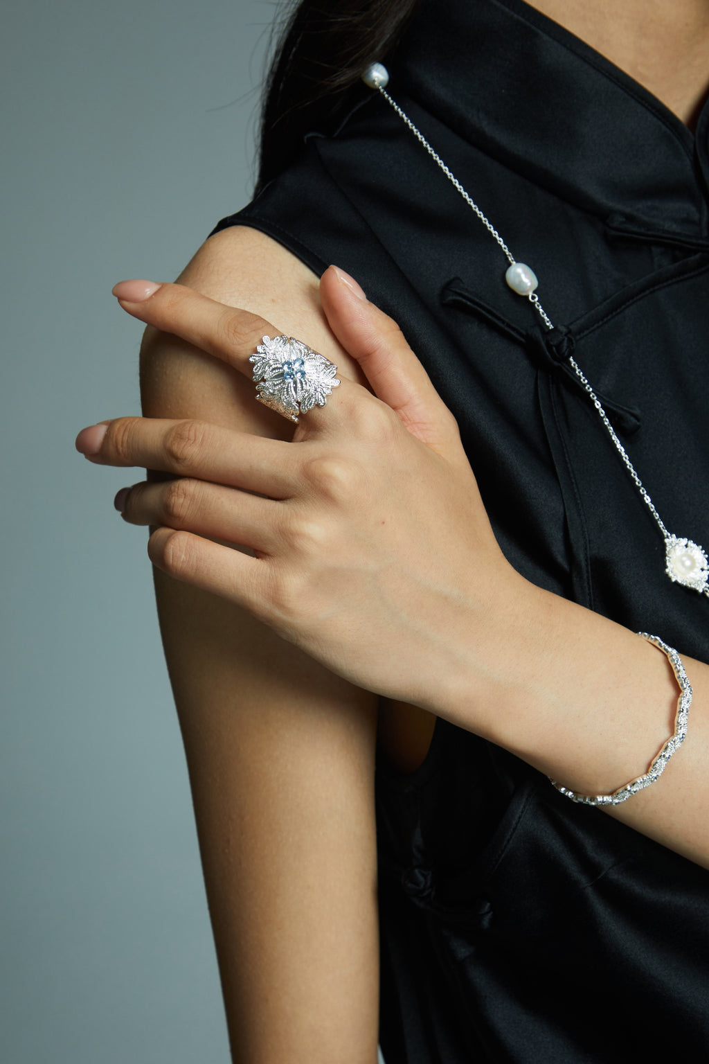 Lacey Blooming Shield Ring — Blue Spinel