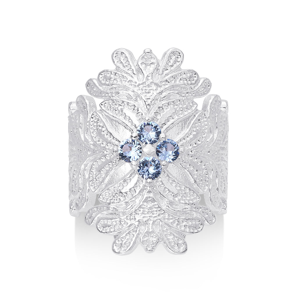 Lacey Blooming Shield Ring — Blue Spinel