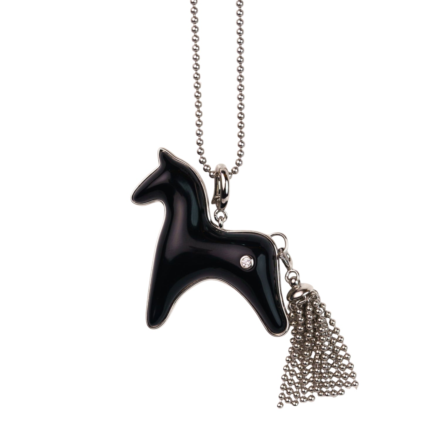 Black Agate Horse Charm Necklace with Detachable Tassel