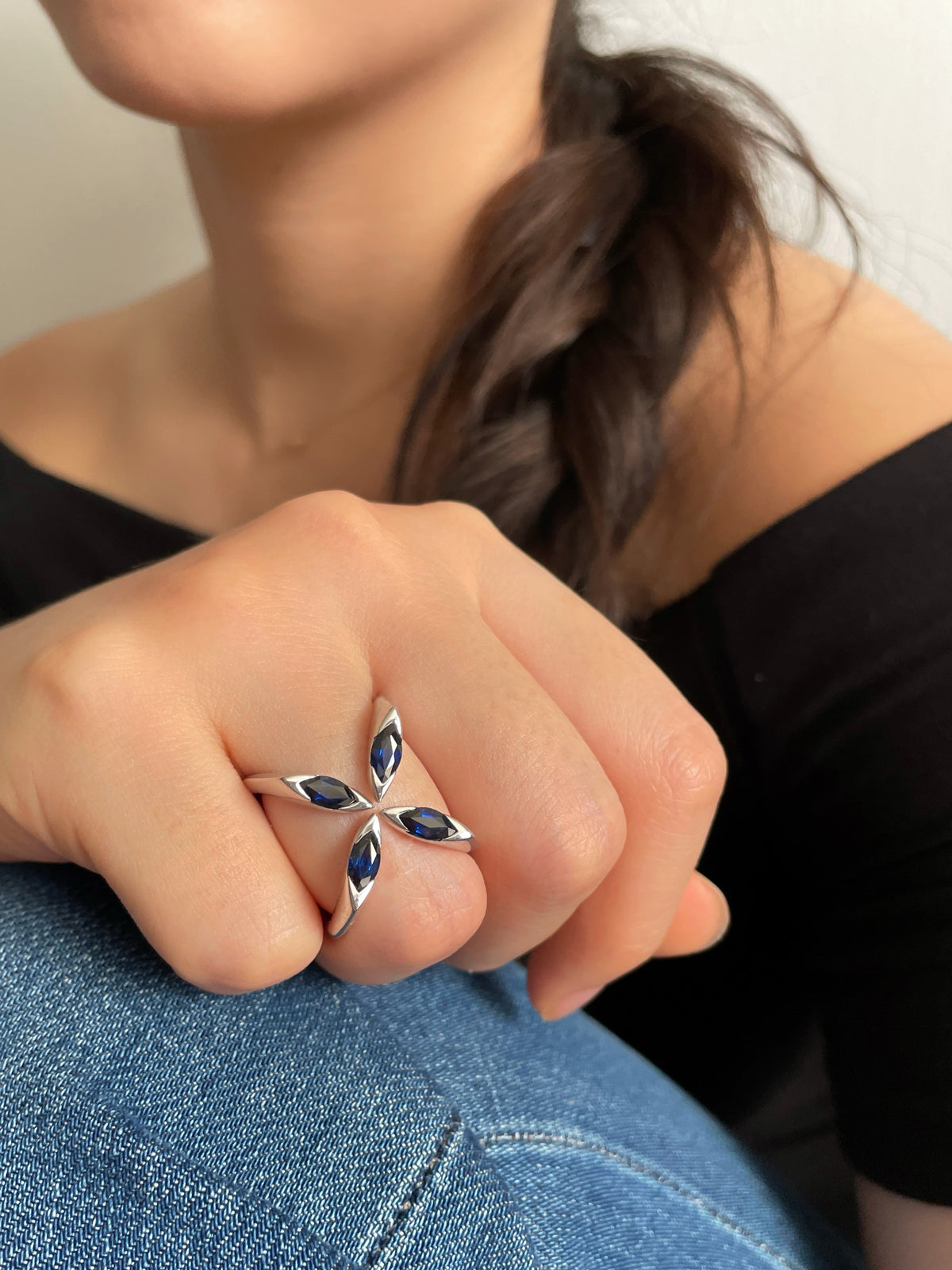 9K Gold Blue Sapphire Marquise Arc Ring by Tizzy & Co., product view 2