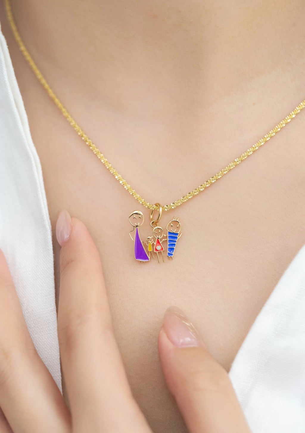 Custom Kids’ Drawing · 18K Gold Enamel Family Pendant (Family of Four)