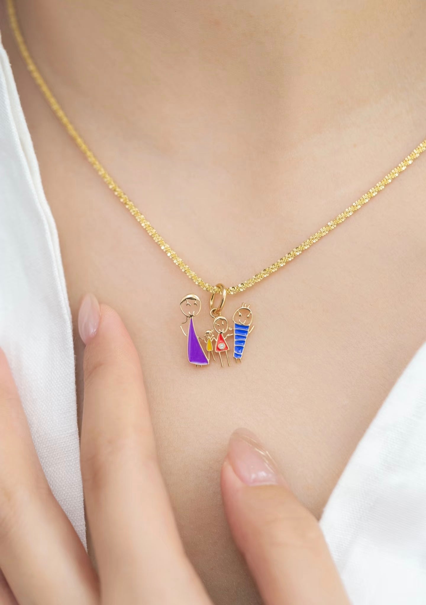 Custom Kids’ Drawing · 18K Gold Enamel Family Pendant (Family of Four)