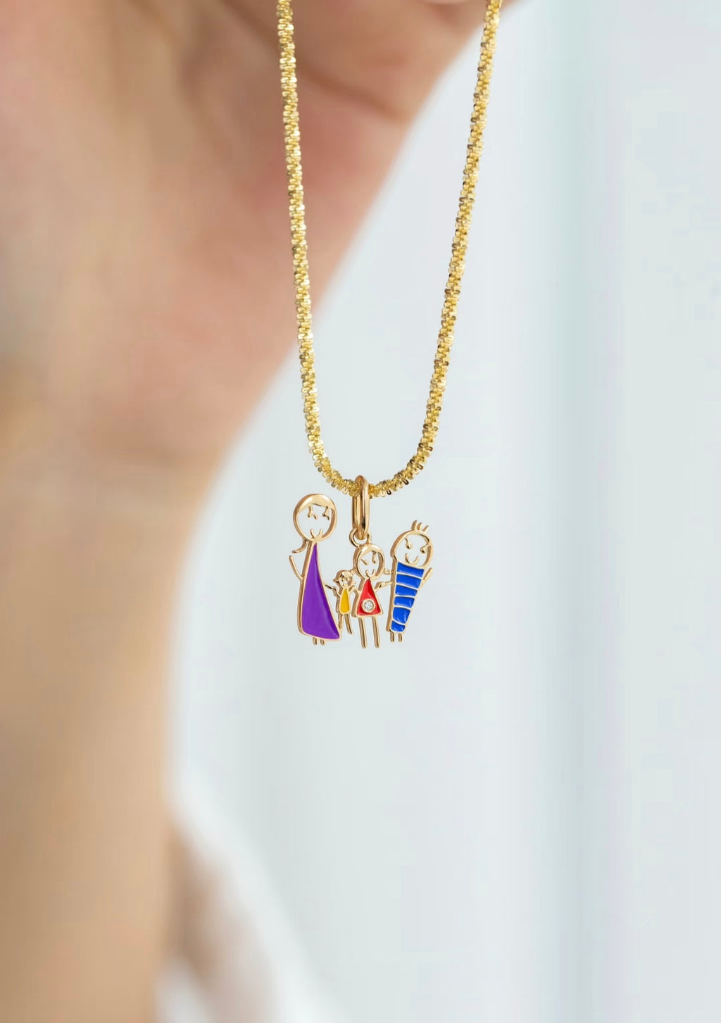 Custom Kids’ Drawing · 18K Gold Enamel Family Pendant (Family of Four)