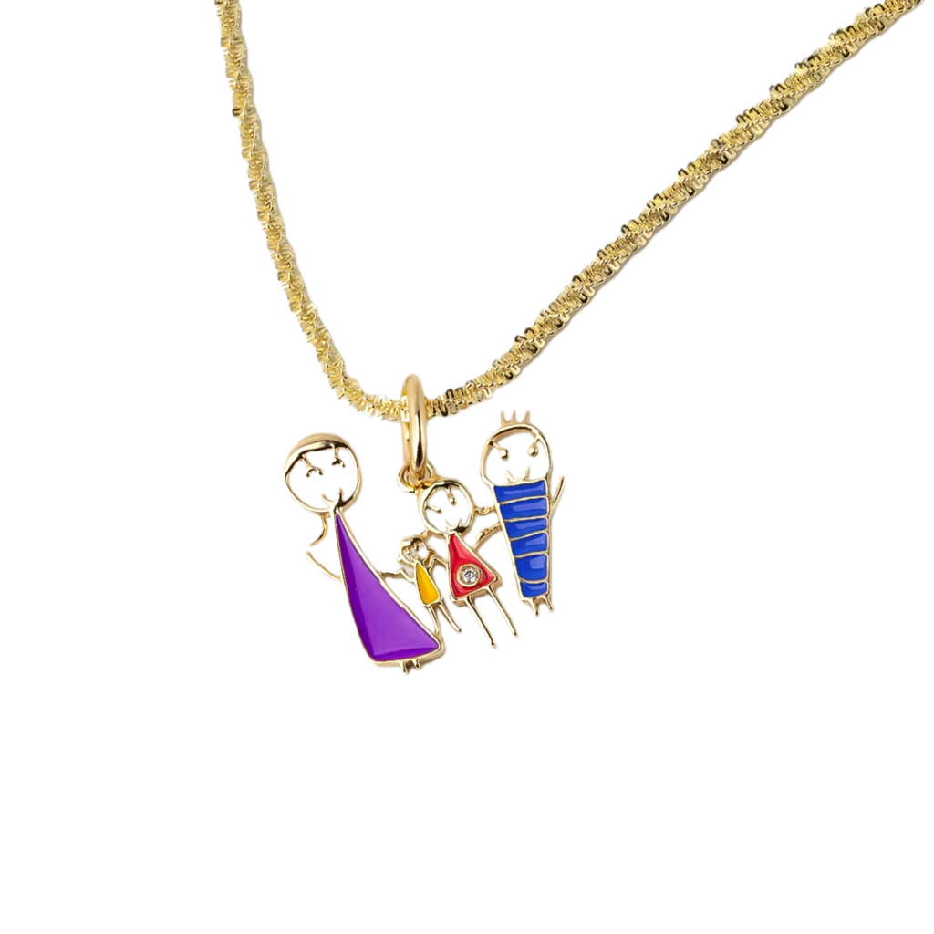 Custom Kids’ Drawing · 18K Gold Enamel Family Pendant (Family of Four)