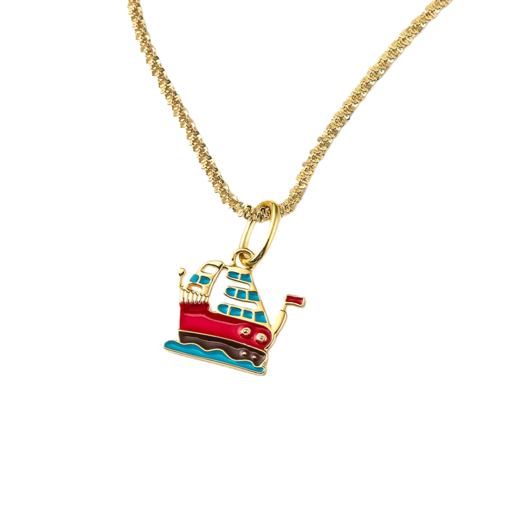 Custom Kids’ Drawing · 18K Gold Enamel Ship Pendant