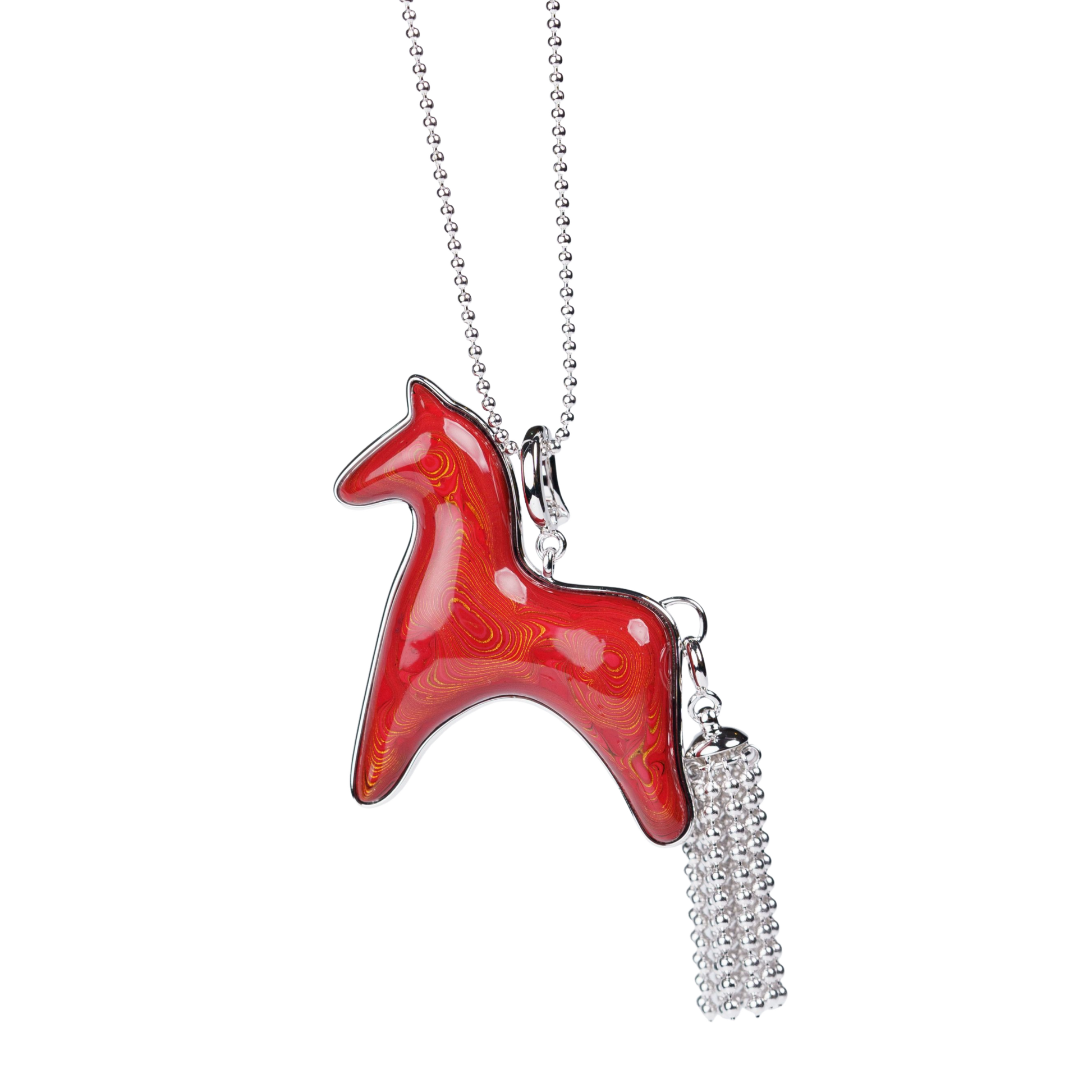Red Lacquer Horse Charm Necklace with Detachable Tassel