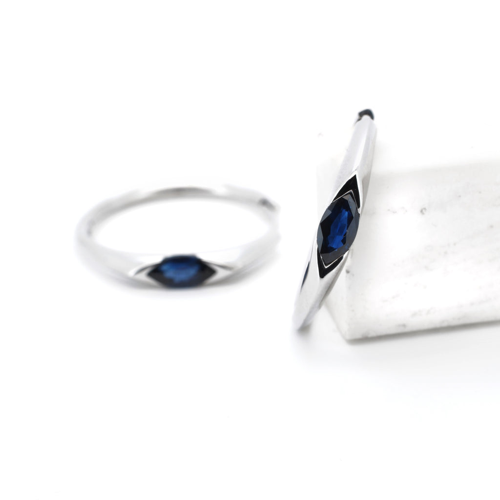 9K Gold Blue Sapphire Marquise Arc Hoop Earrings