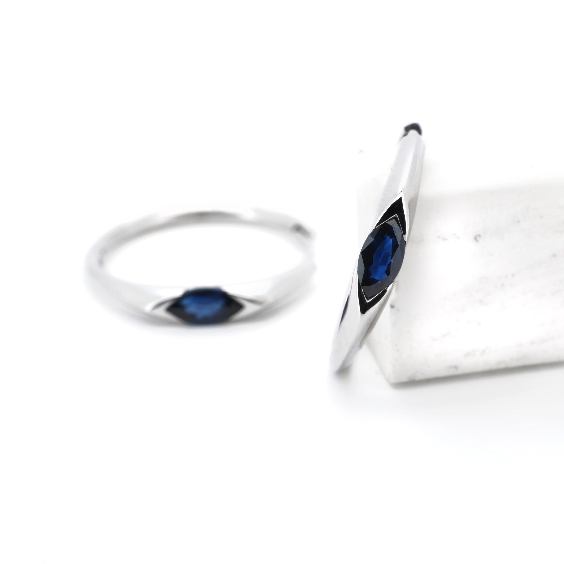 9K Gold Blue Sapphire Marquise Arc Hoop Earrings