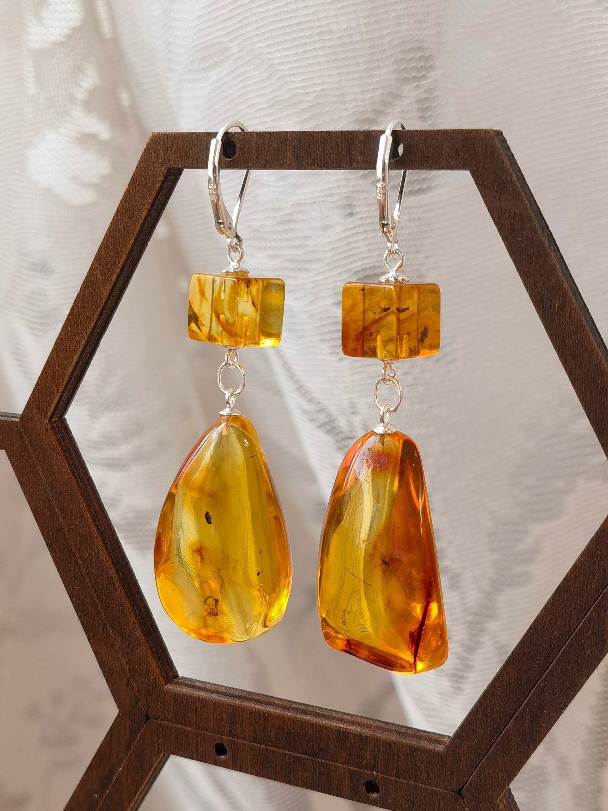 Natural Insect Amber Cube & Teardrop Earrings
