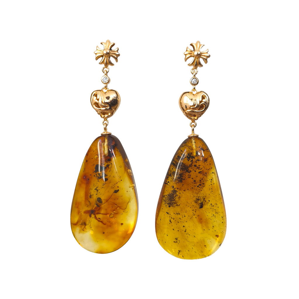 Natural Insect Amber Vintage Heart Earrings