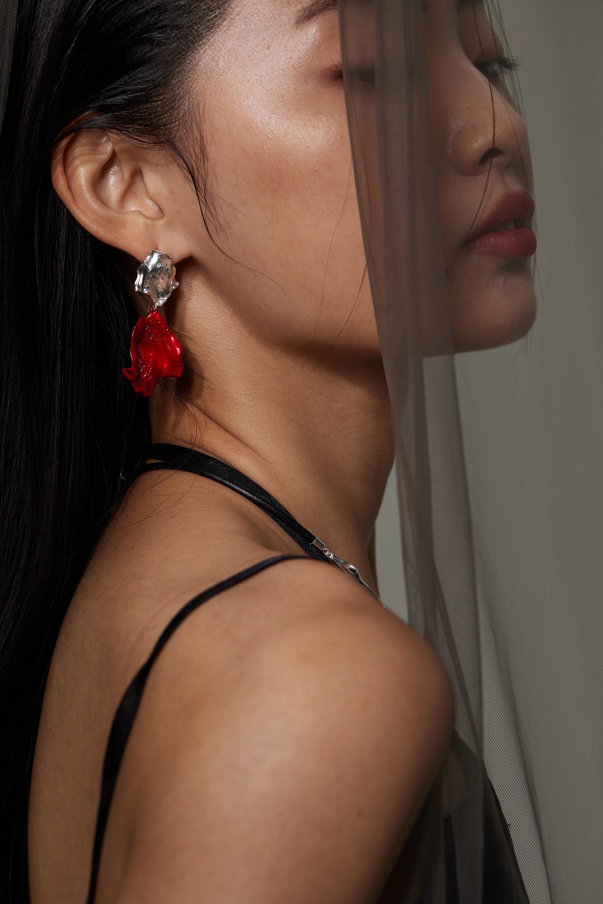 Large Rose Petal Earrings — Red Finish