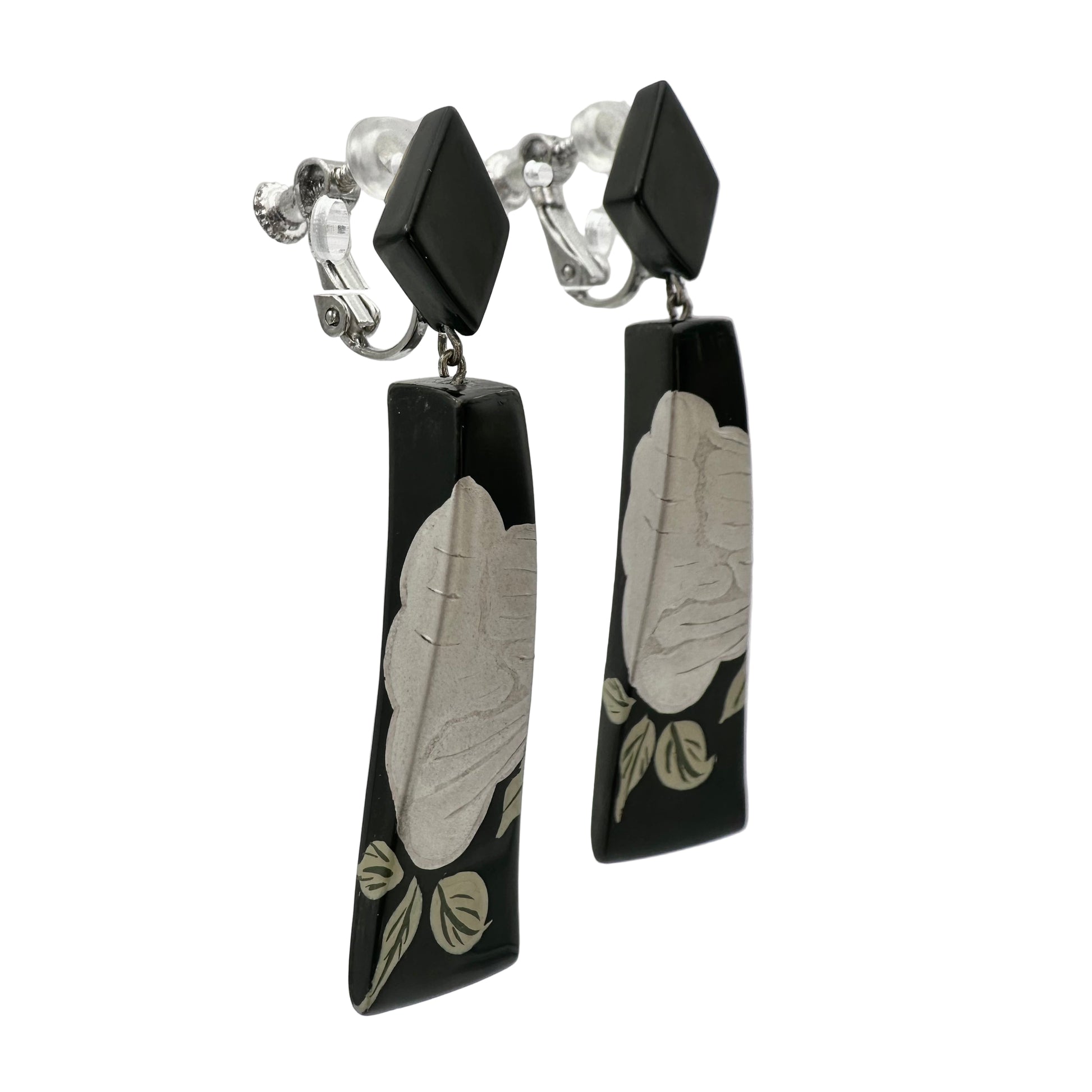 Black Peony Lacquer Quasi-Maki-e Earrings