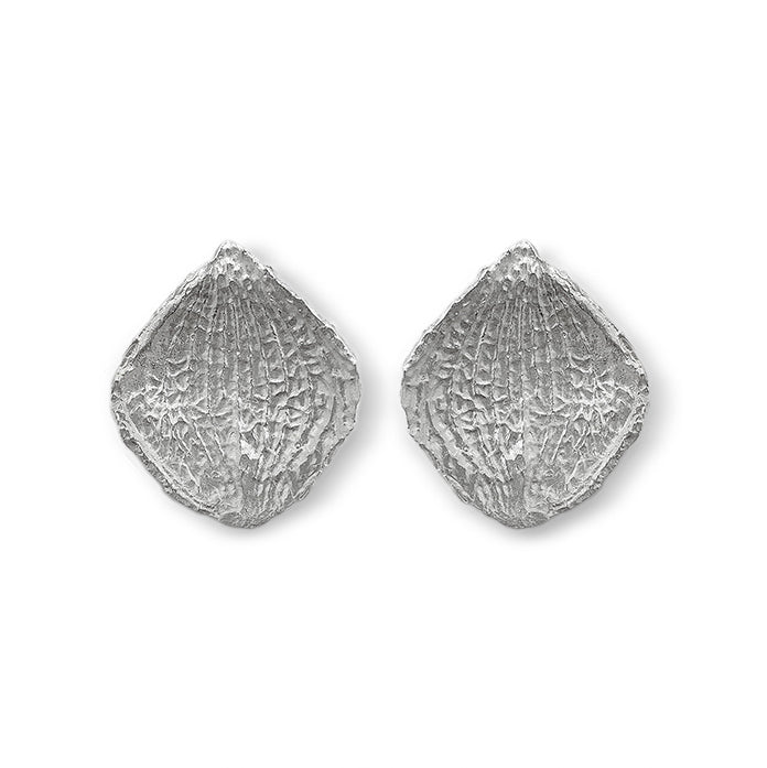 Amazon · Hydrangea Petal Stud Earrings — Pair of textured silver earrings on a white background