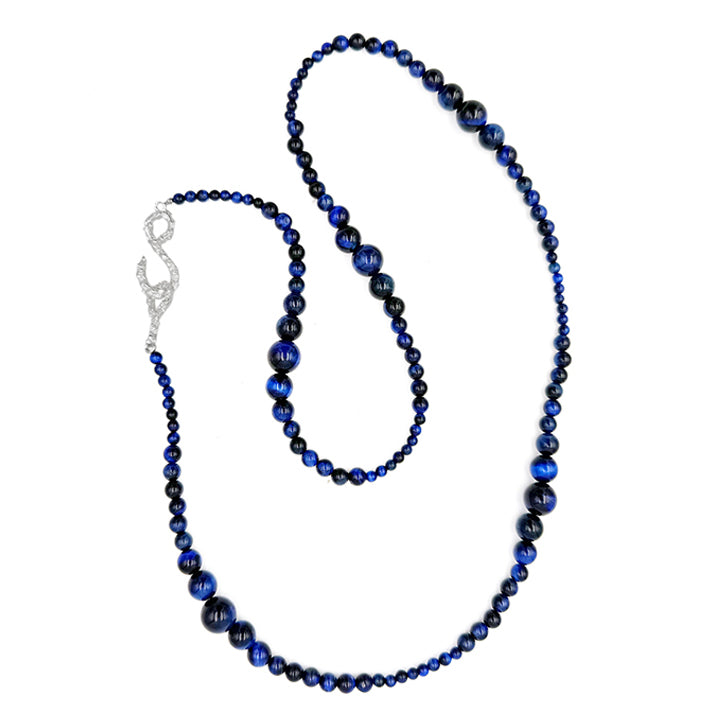 Amazon · Snakebone S-Hook Tiger’s Eye Long Necklace — Beaded necklace with blue and black beads on a white background