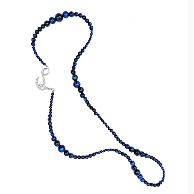 Amazon · Snakebone S-Hook Tiger’s Eye Long Necklace — Blue beaded necklace with a silver clasp on a white background
