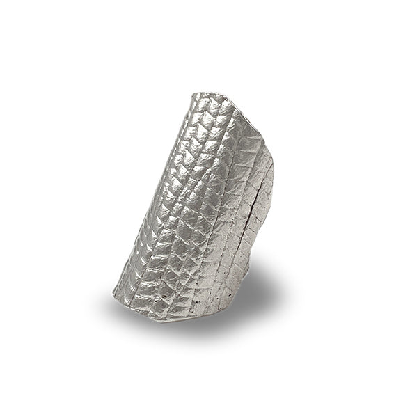 Amazon · Tilted Tower Wide Band Ring — Silver textured ring on a white background