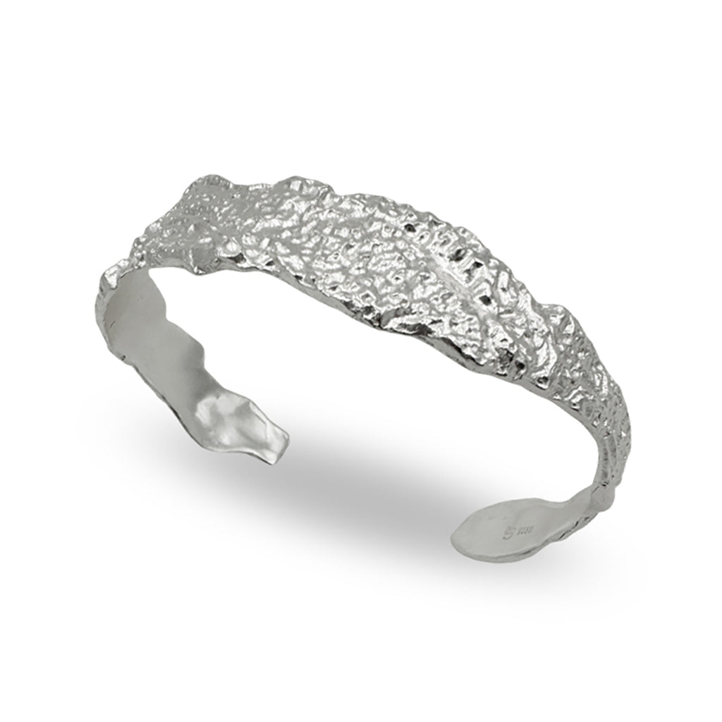Amazon · Tree Grain Bangle Bracelet — Silver bracelet with textured design on a white background