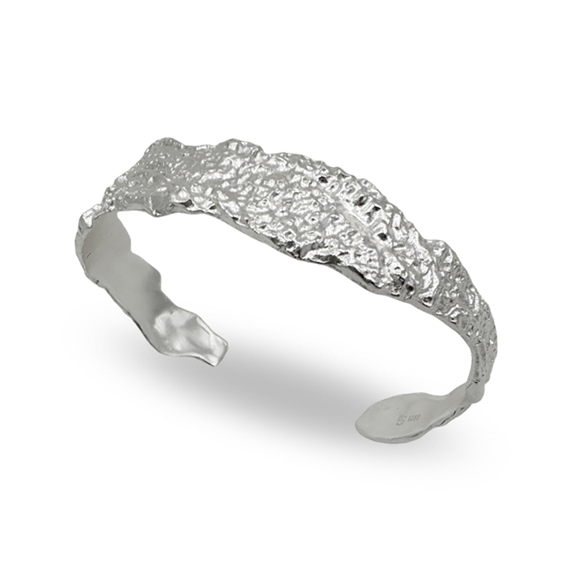 Silver bracelet with textured design on a white background