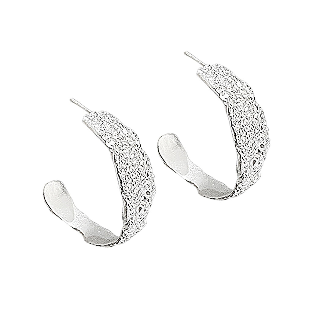 Amazon · Tree Grain Hoop Earrings — Pair of silver hoop earrings on a white background