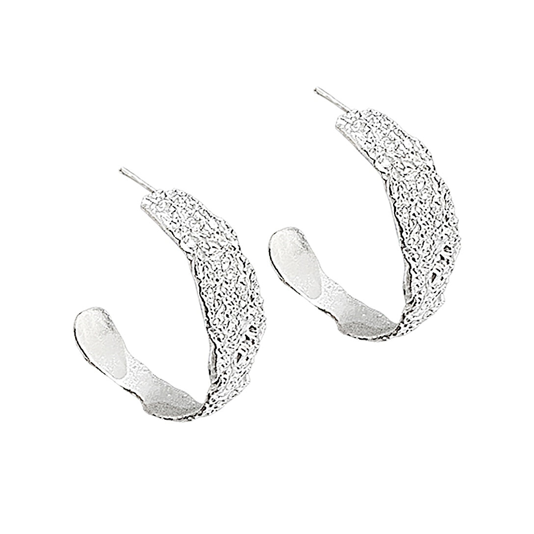 Amazon · Tree Grain Hoop Earrings — Pair of silver hoop earrings on a white background