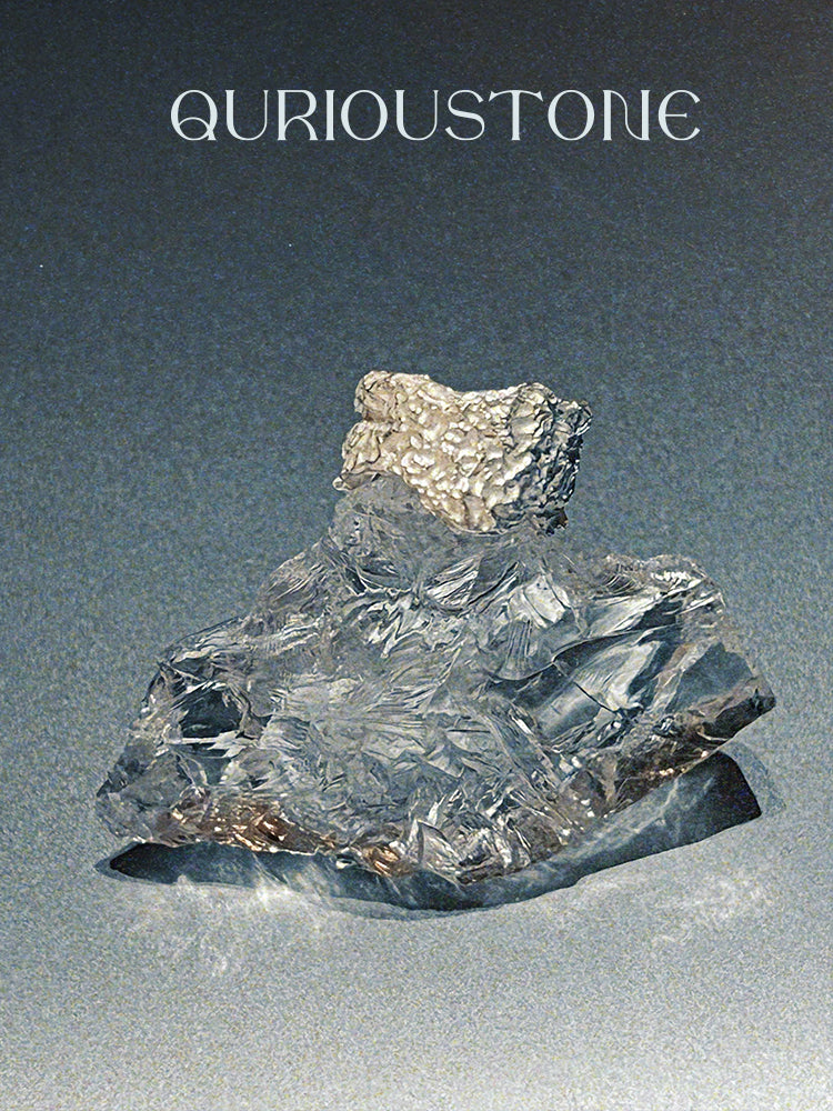 Amazon · Tree Grain Wide Band Silver Ring — Crystal rock on a gray background with 'Quriousstone' branding.