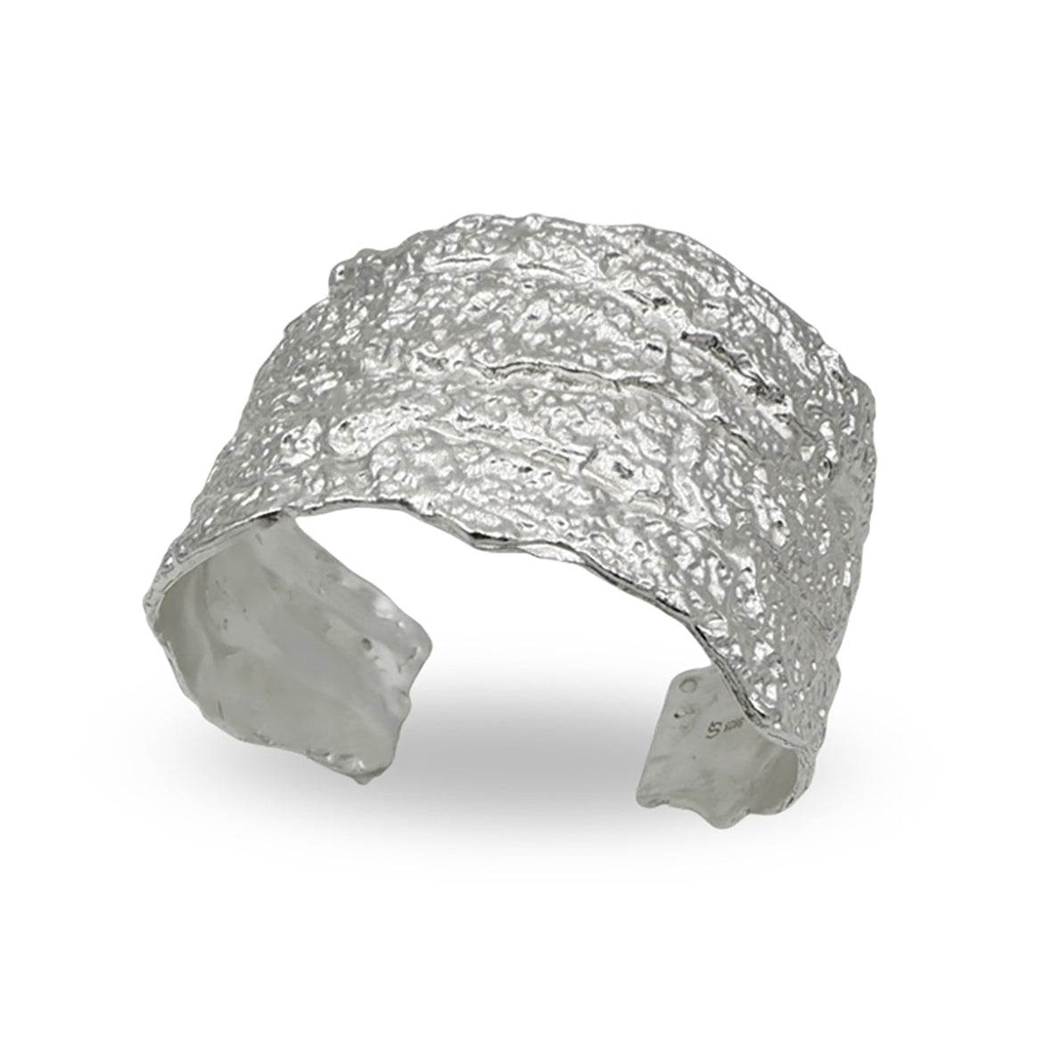 Amazon · Tree Grain Wide Bangle Bracelet — Silver textured cuff bracelet on a white background