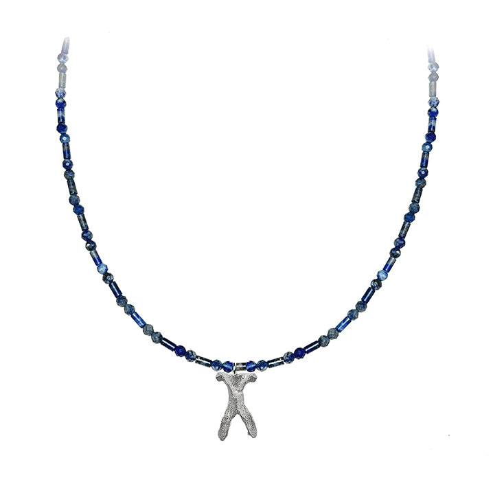 Amazon · Wishbone Lapis Necklace — Necklace with blue beads and a silver pendant on a white background