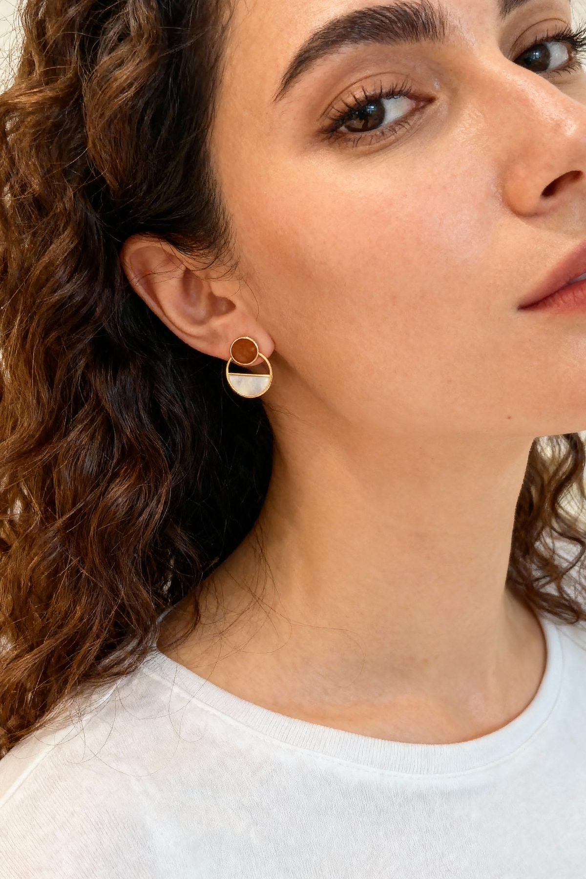 Amber & Mother-of-Pearl Convertible Earrings — Meicily gold-plated 925 sterling silver earrings balancing warm honey amber