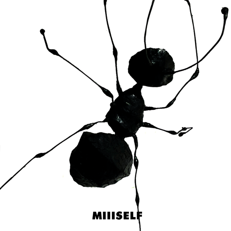 Ant Silhouette Earrings — Black silhouette of a creature with 'MIIISELF' text on a white background