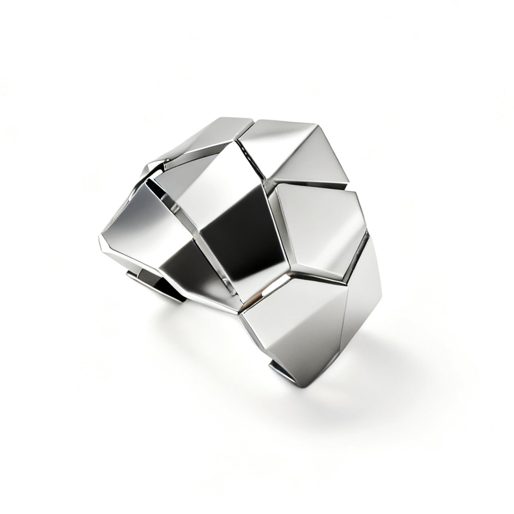 Silver geometric bracelet on a white background