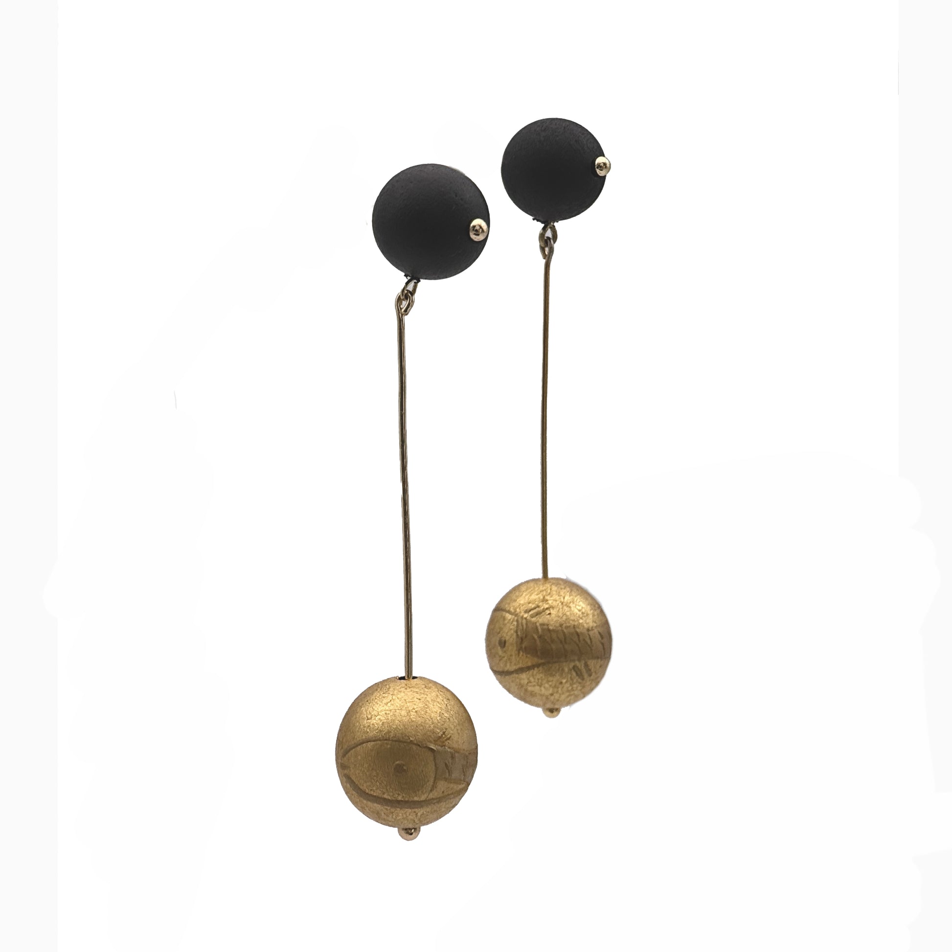Pair of earrings with black and gold spherical designs on a white background