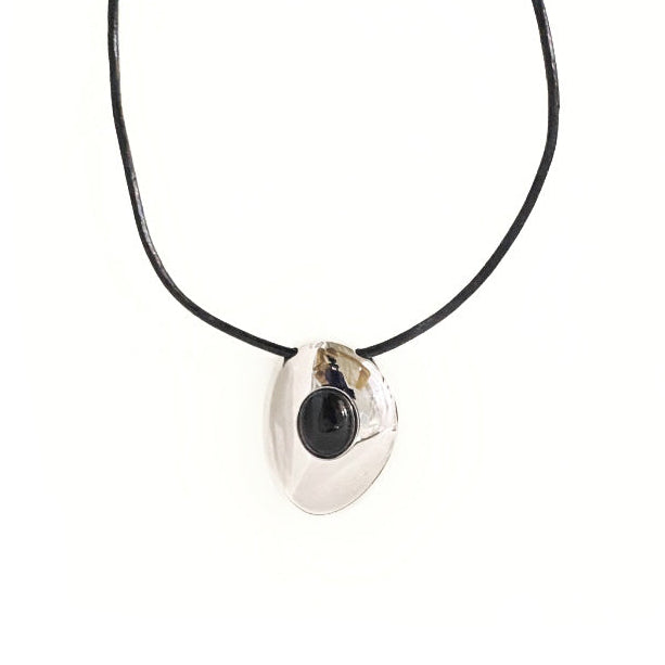 Avocado Mirror Pendant Necklace — Necklace with a black pendant on a white background