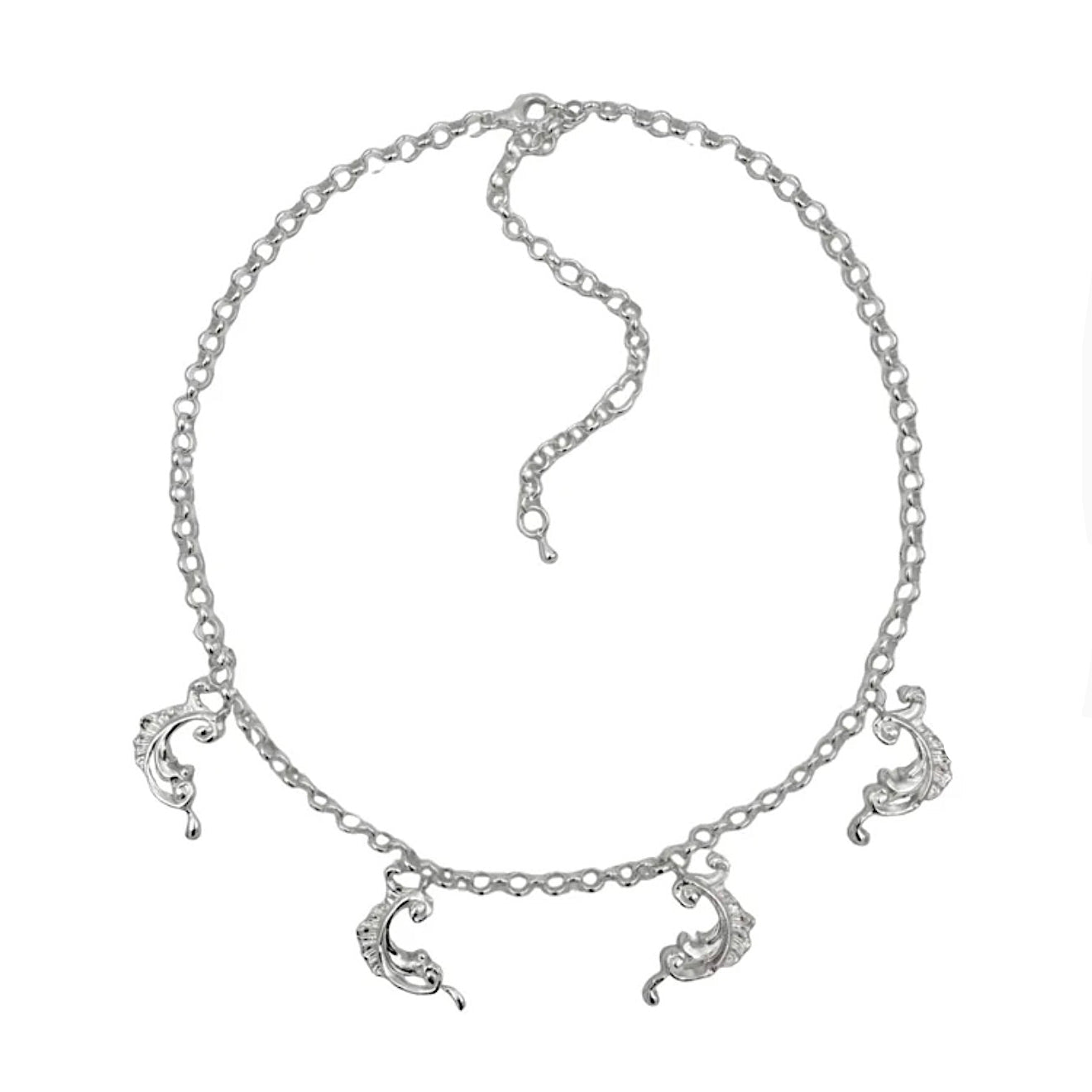 Silver necklace with moon-shaped charms on a white background