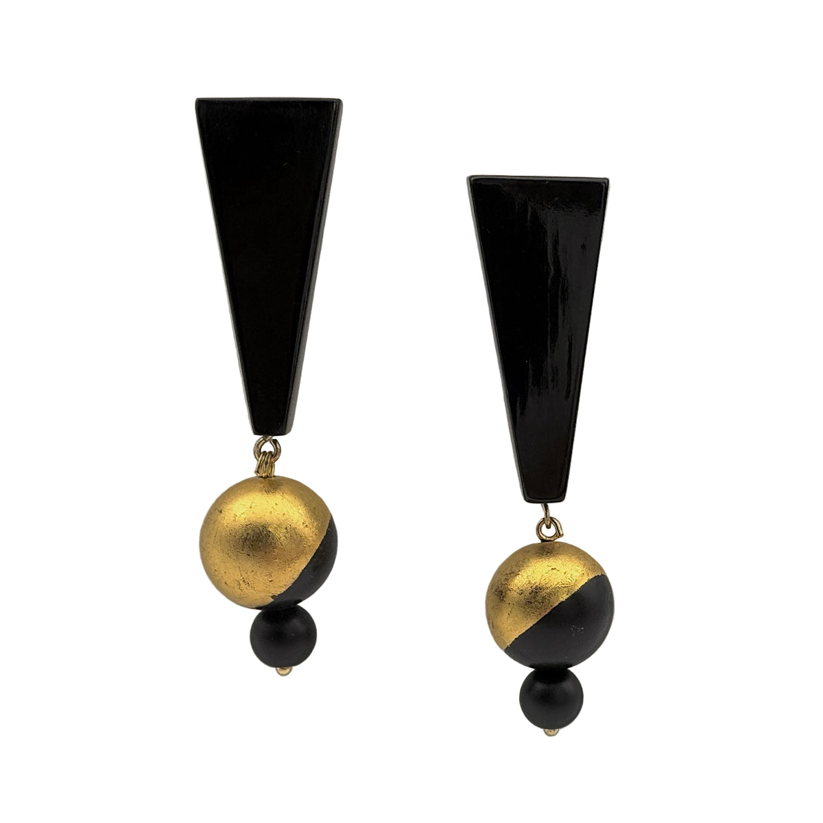 Black Mountain Lacquer Quasi-Maki-e Earrings — Pair of earrings with black and gold geometric design on a gray background