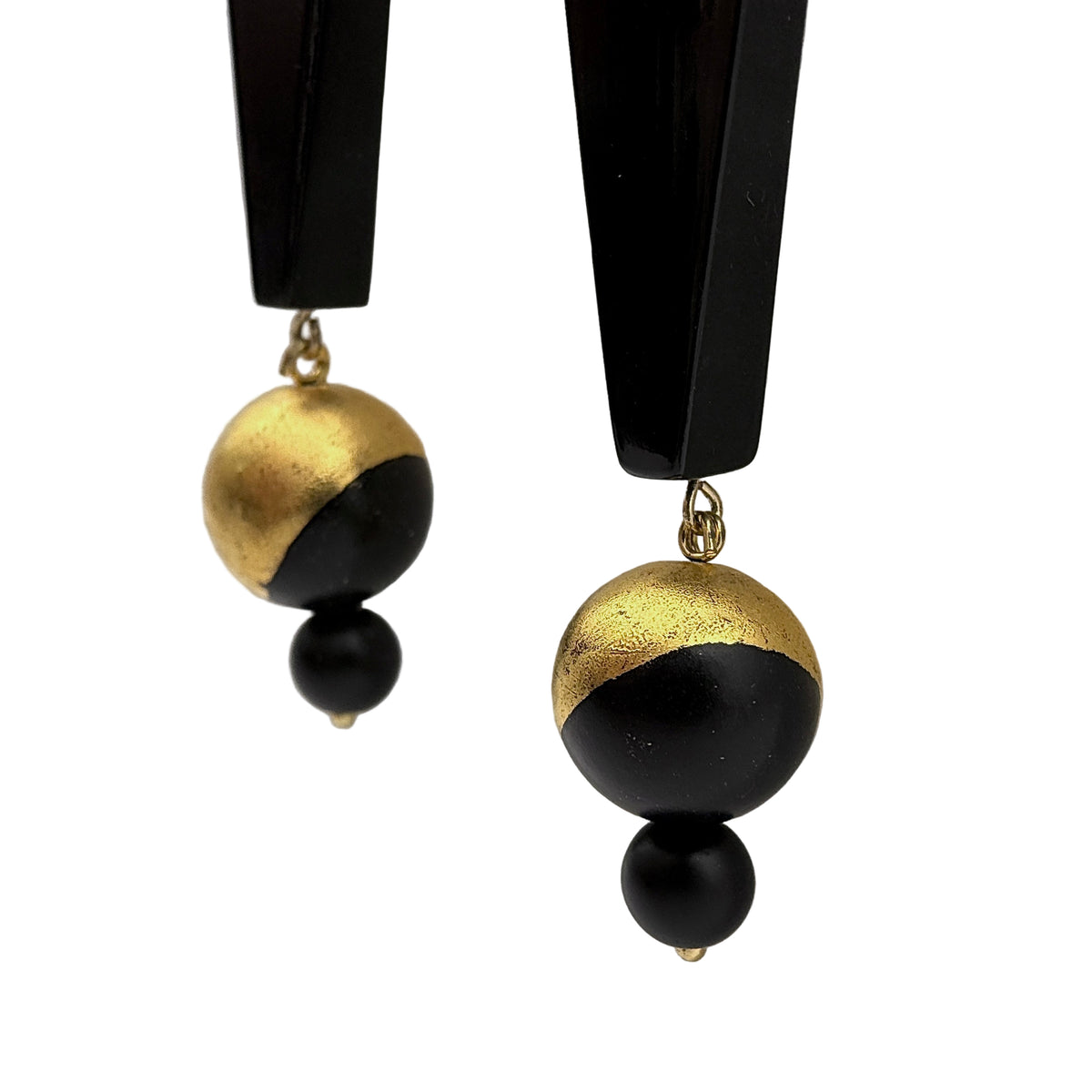 Black Mountain Lacquer Quasi-Maki-e Earrings — Black and gold earrings on a light gray background