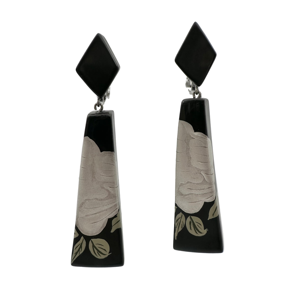 Black Peony Lacquer Quasi-Maki-e Earrings — Pair of black, white, and gray floral earrings on a white background