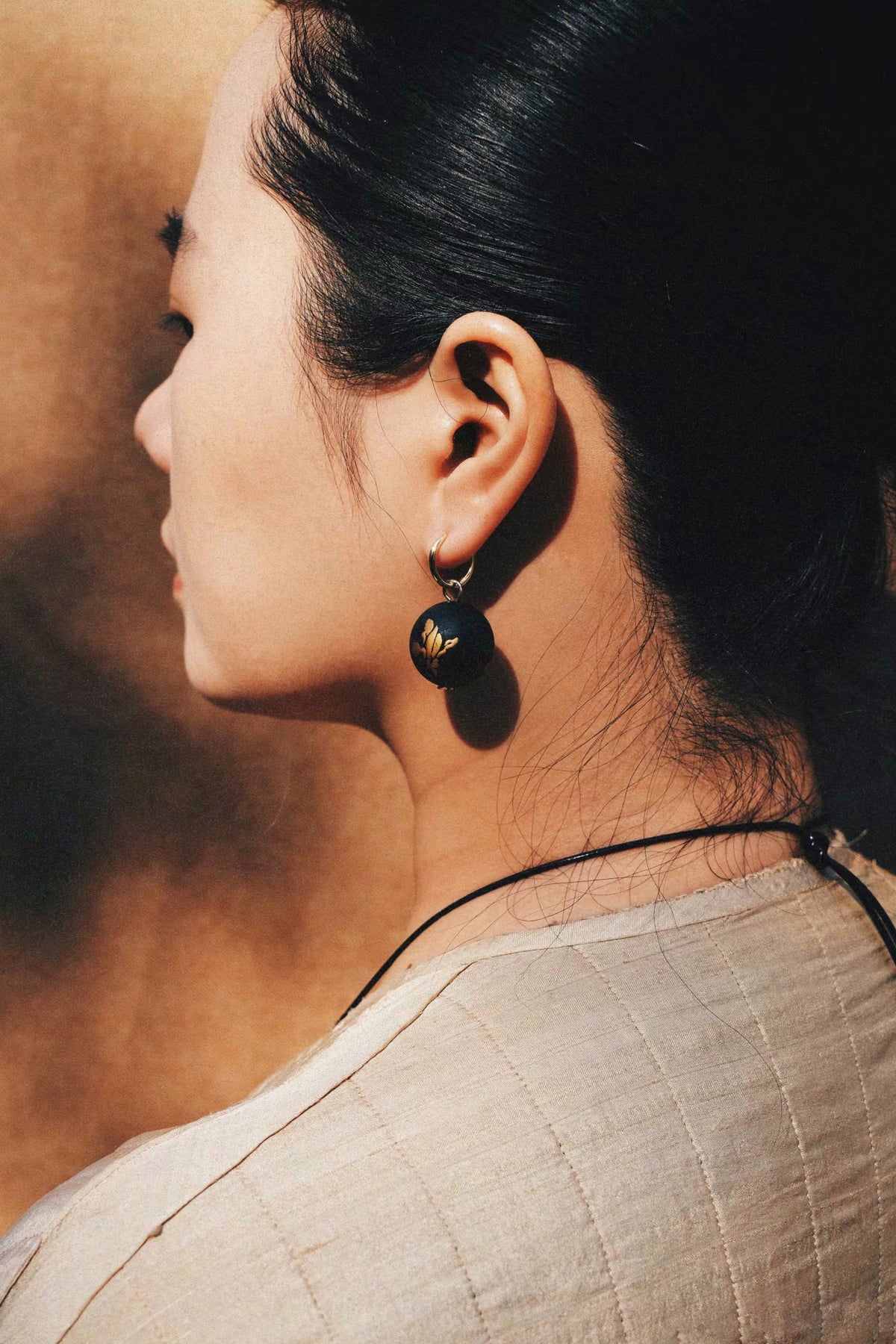 Bloom and Fade Magnolia Lacquer Quasi-Maki-e Earrings by WenKang Lacquer, product view 2