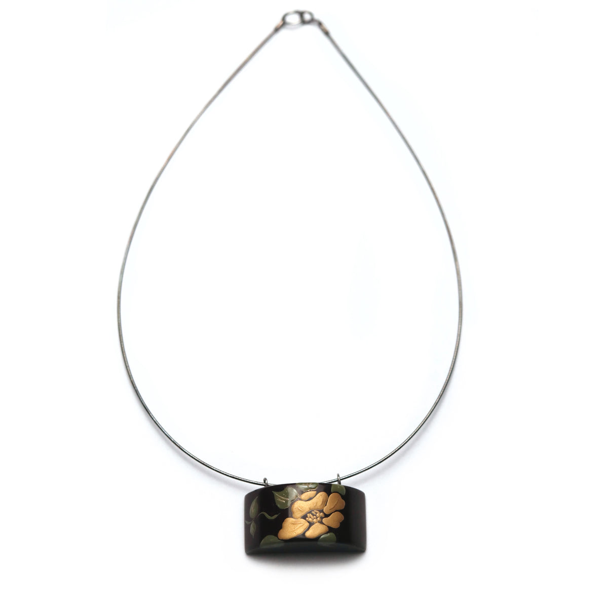 Camellia Lacquer Quasi-Maki-e Necklace — Necklace with a square pendant featuring a floral design on a white background