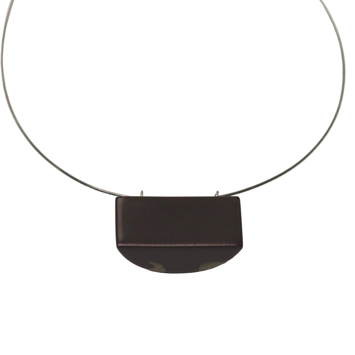 Camellia Lacquer Quasi-Maki-e Necklace — Black necklace with a rectangular pendant on a white background