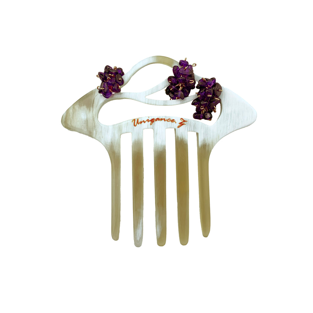 Crimson Bloom Branch Hair Comb — Hair comb with purple flowers on a white background