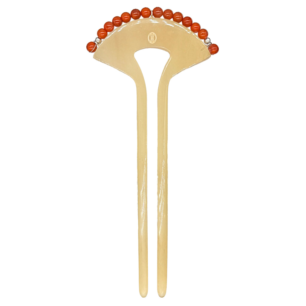 Crimson Touch Carnelian Hairpin — Gold hairpin with red beads on a white background