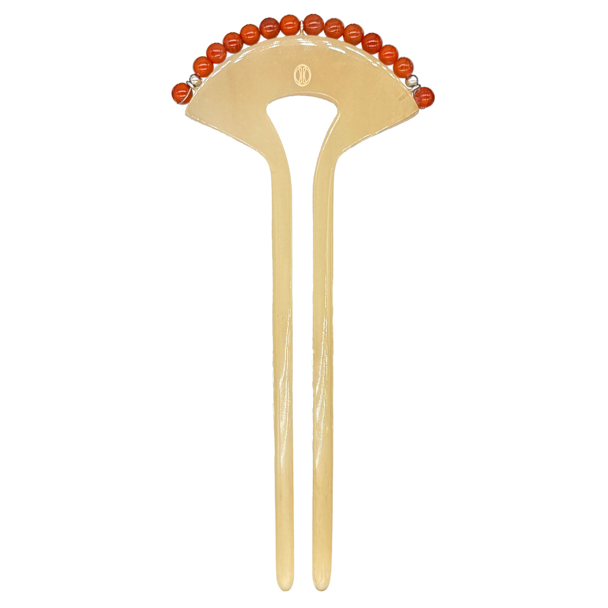 Crimson Touch Carnelian Hairpin — Gold hairpin with red beads on a white background