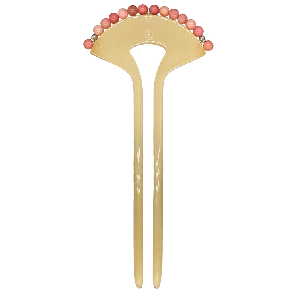 Crimson Touch Rhodonite Hairpin — Gold hair pick with pink beads on a white background