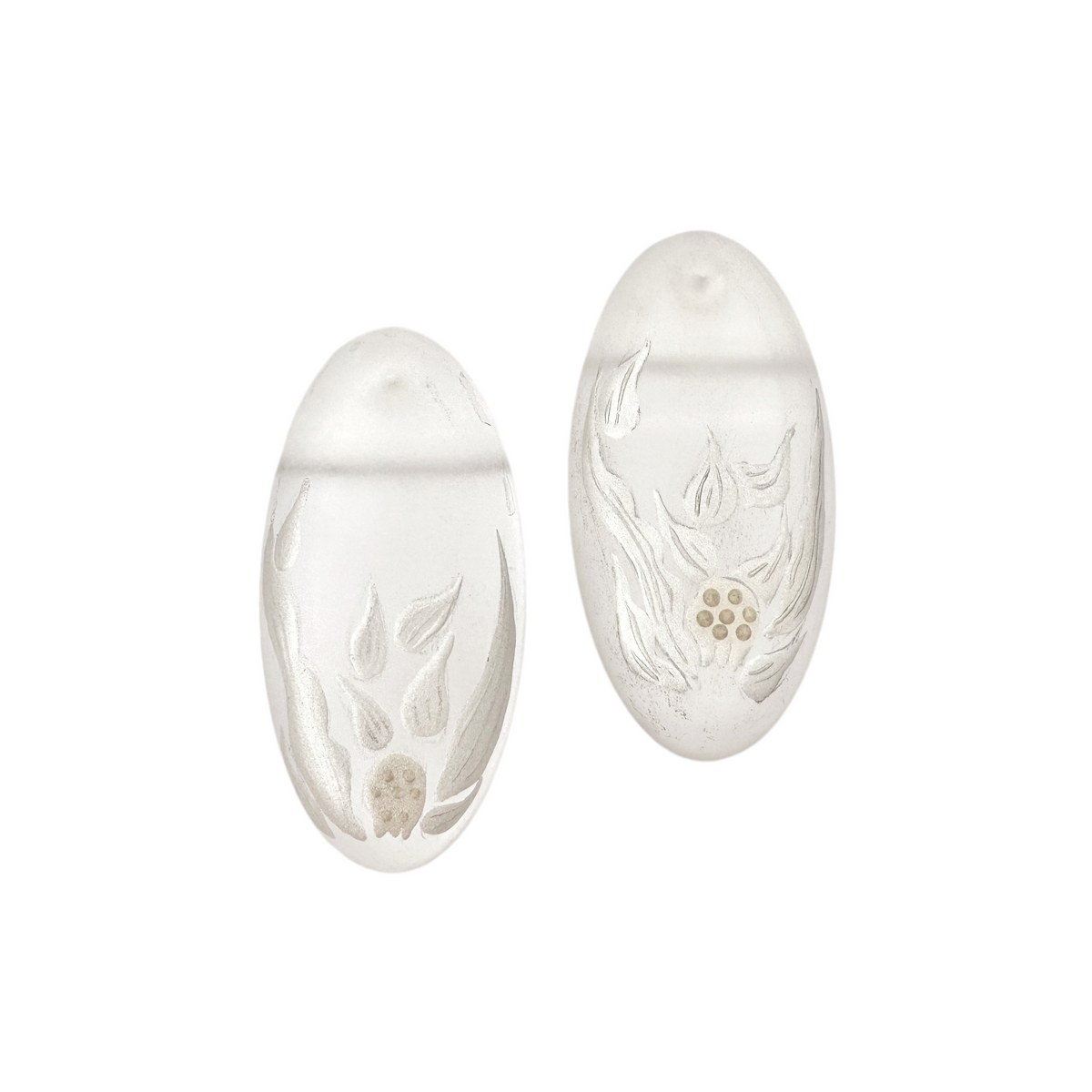 Crystal Hyacinth Lacquer Quasi-Maki-e Earrings — Pair of silver earrings with floral engravings on a white background