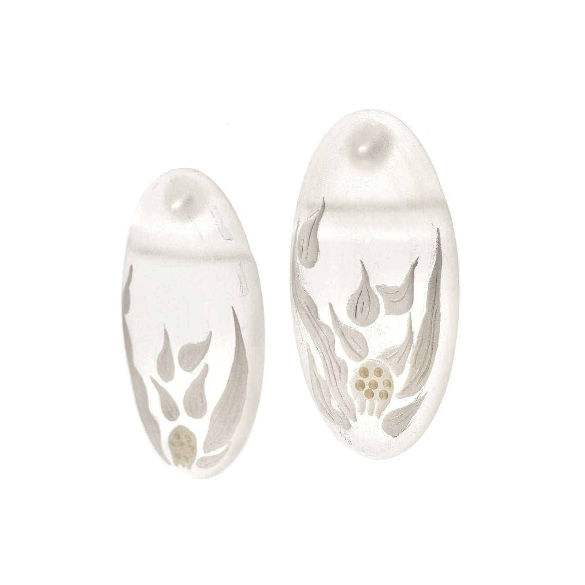 Crystal Hyacinth Lacquer Quasi-Maki-e Earrings — Pair of white earrings with floral design on a white background