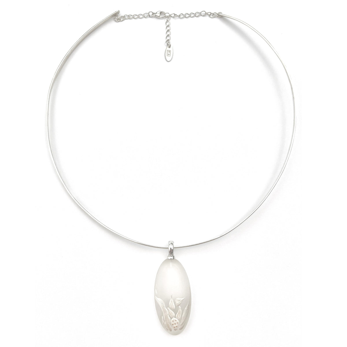 Crystal Hyacinth Lacquer Quasi-Maki-e Pendant Necklace — Silver necklace with a pendant on a white background