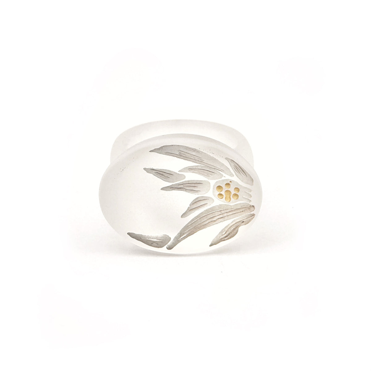Crystal Hyacinth Lacquer Quasi-Maki-e Ring — Silver ring with floral design on a white background