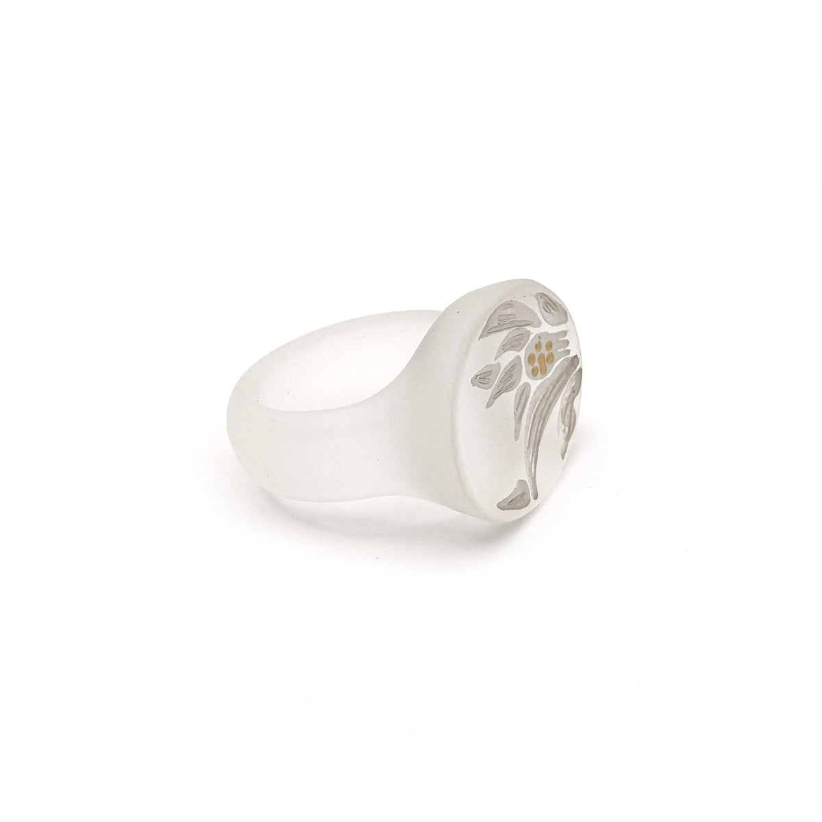 Crystal Hyacinth Lacquer Quasi-Maki-e Ring — Silver ring with floral design on a white background