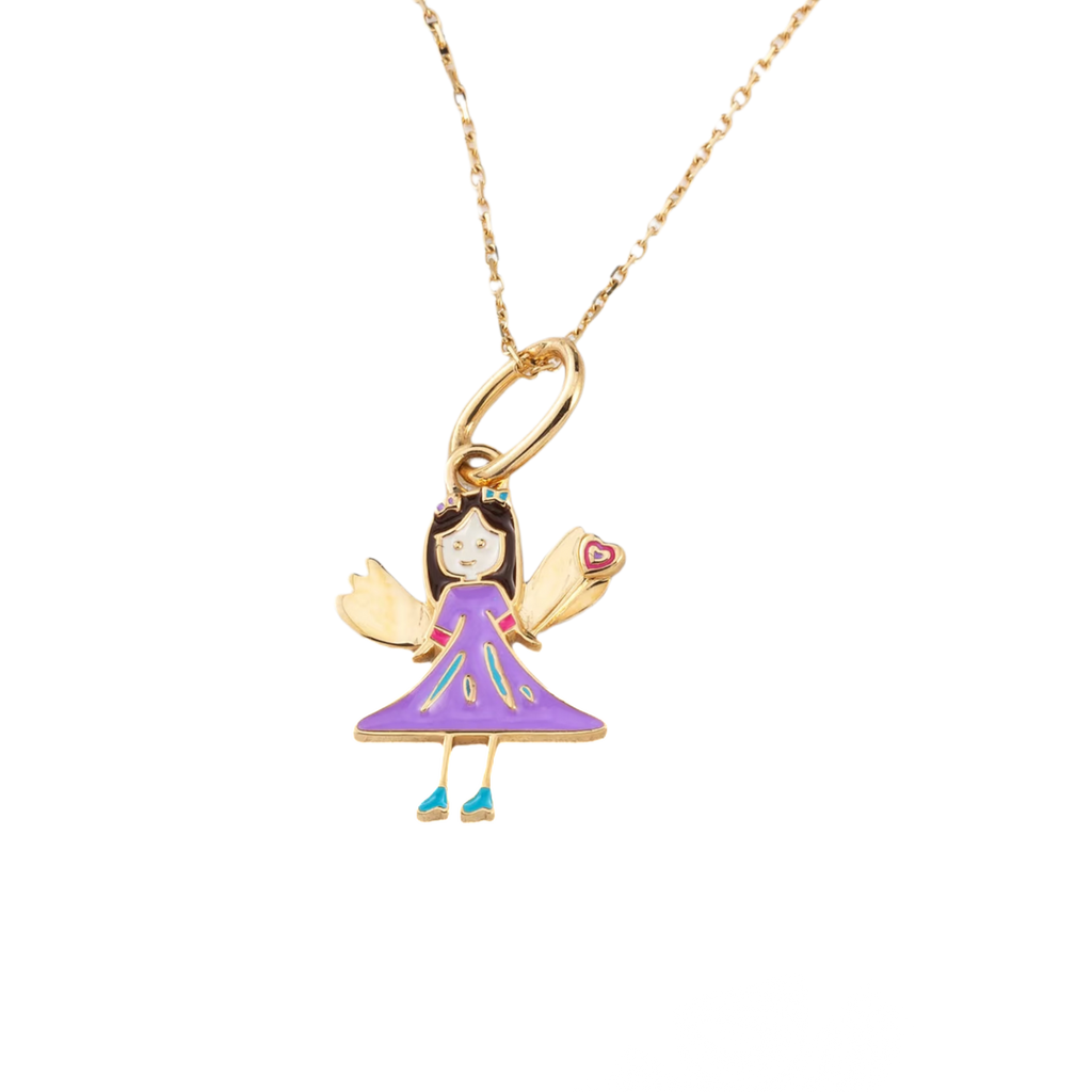 Custom Kids’ Drawing · 18K Gold Enamel Angel Girl Necklace — Gold necklace with a purple fairy pendant on a white background