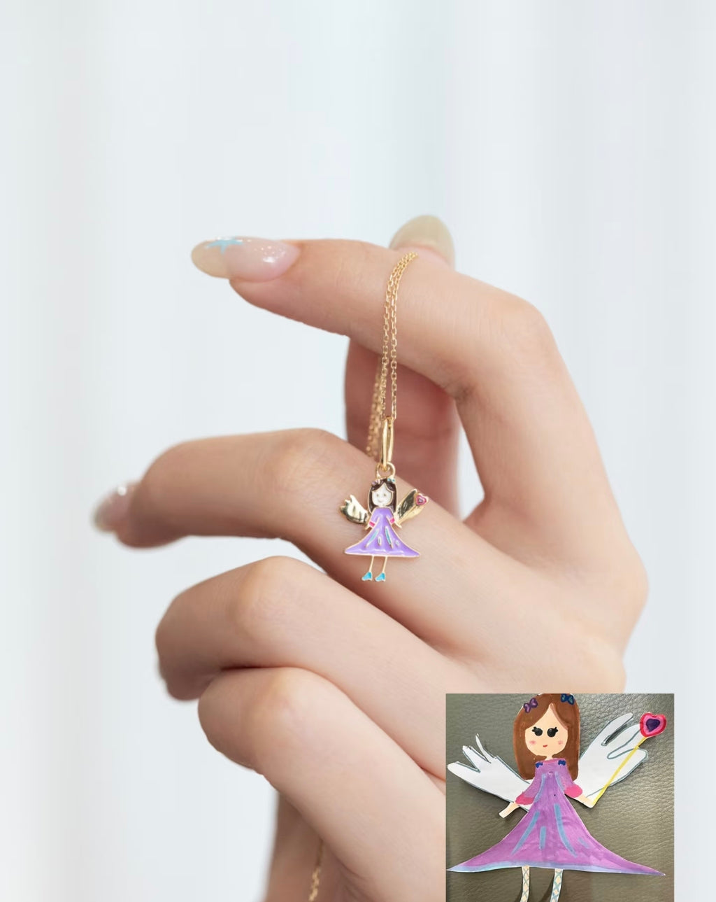 Custom Kids’ Drawing · 18K Gold Enamel Angel Girl Necklace — ETEMOM custom necklace transforming a child’s angel girl drawing